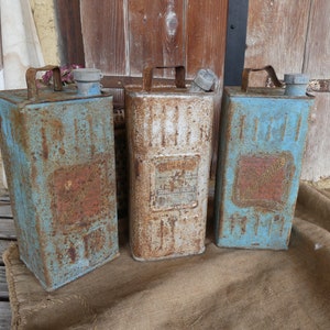 1 Vintage Timeworn Desmarais Freres French Essence Petrol Gas Can, Automobilia, Classic Car Memorabilia, Man Cave, Gifts for Men