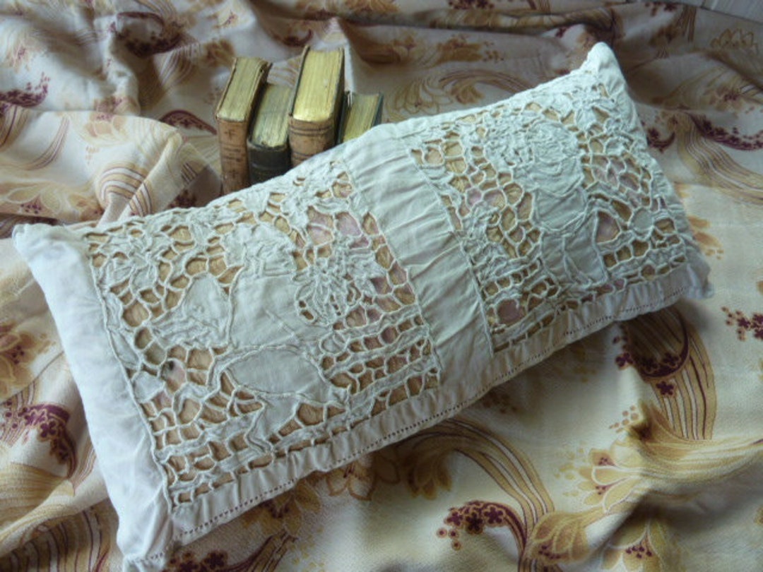 Sweet Antique Richelieu Cotton Lace Bolster Pillow Cushion With Cherub