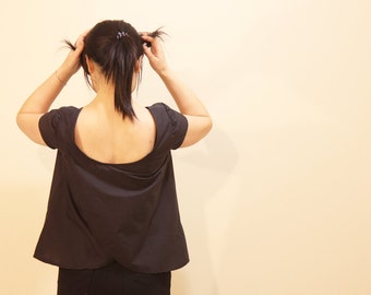 Cute Easy Top Sewing Pattern; Tank top / Top with Short Sleeves; Low neck line; Unique Flip Open Back; Cotton, Linen. Lotus Top by ULOOOP