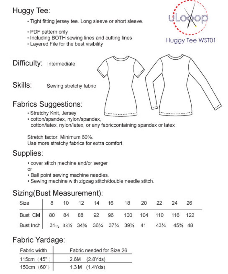 T-shirt Sewing Pattern Tight fitting stretchy knit Tee shirt Body hugging Tee shirt PDF Sewing Patterns image 5