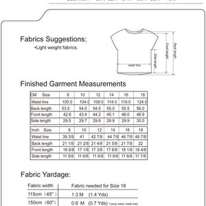 May include: Detailed sizing chart for a garment, including bust measurements in inches and centimeters. The chart provides measurements for sizes 8 through 18. Includes fabric suggestions, finished garment measurements in inches and centimeters, and fabric yardage information.