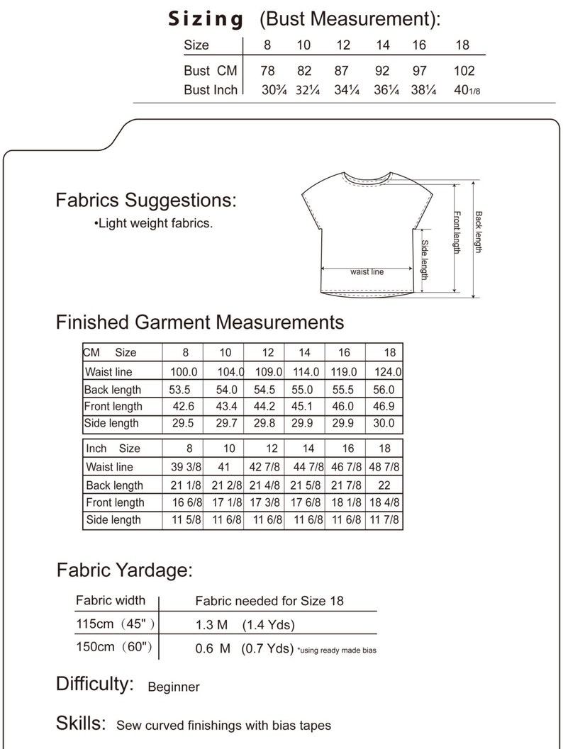 May include: Detailed sizing chart for a garment, including bust measurements in inches and centimeters. The chart provides measurements for sizes 8 through 18. Includes fabric suggestions, finished garment measurements in inches and centimeters, and fabric yardage information.