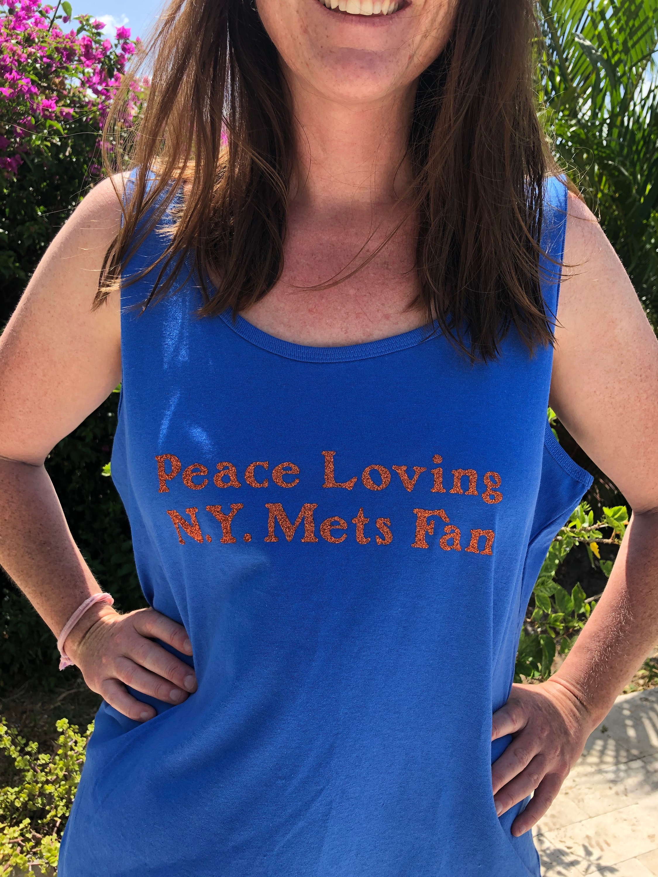 Peace Loving NY Mets Fan Orange Glitter on Blue T Shirt Short 