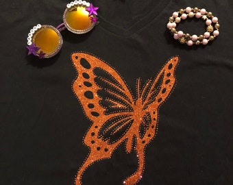 Orange Butterfly Rhinestone Bling and Glitter Black T Shirt Short Sleeve S-2xl available
