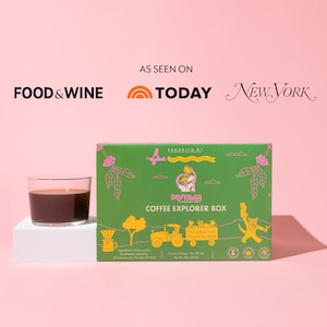 Front face of driftaway coffee explorer box with food and wine, today show and new york magazine logo on top.
