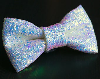 White Iridescent Super Shiny Glitter Encrusted Bow Tie "Aurora Snow"