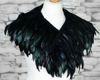 Reversible Iridescent Black Feather Capelet – Steampunk Gothic Shawl