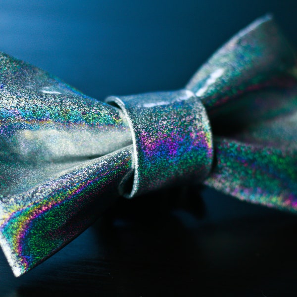 Holographic Silver Glitter Effect leather Bow tie "3D silver"