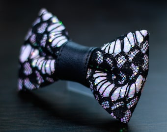 White Iridescent With Black Lace Super Shiny Glitter Encrusted Bow Tie