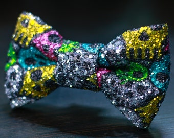 Skull Glitter Print Super Shiny Glitter Bow Tie