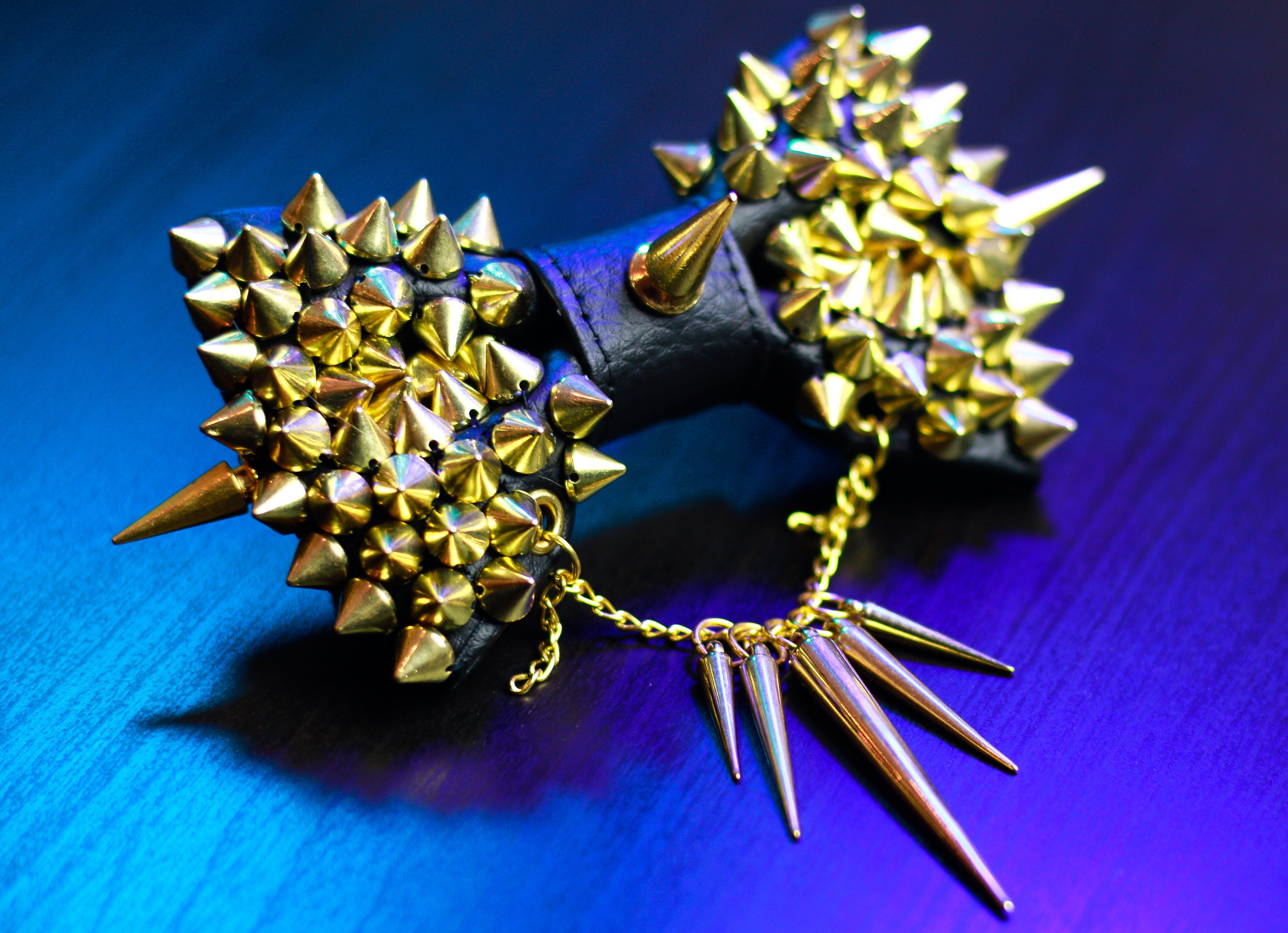 Gold Spiked Black Leather Bow Tie: Gothic Fashion Chain Bowtie