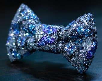 Silver with Blue Butterfly Print Super Shiny Glitter Bow Tie