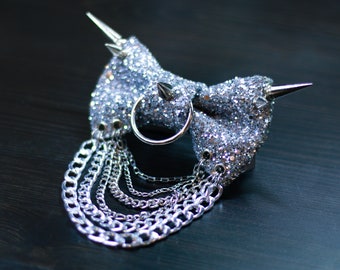 Silver Glitter Spiked And Chained Glitter Bow tie "Fully Metal"
