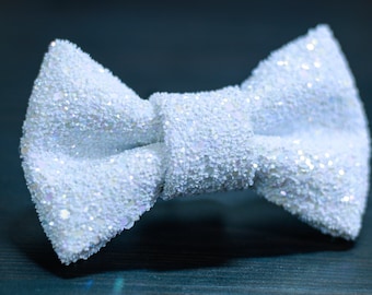 Pearl White Super Shiny Pearlescent Glitter Encrusted Bow Tie "Pearl"