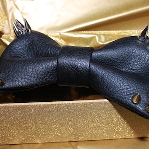 Spiked Black Leather Bow Tie - Gothic Silver Tipped Fashion