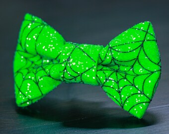 Neon Green Spiderweb printed glitter Super Shiny Glitter Encrusted Bow Tie