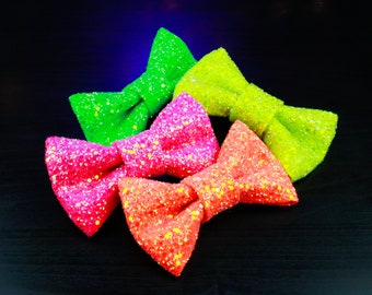 Fluorescent Yellow, Green, Pink, Orange - UV Reactive Glitter Encrusted Bow Tie "Glow Sticks"