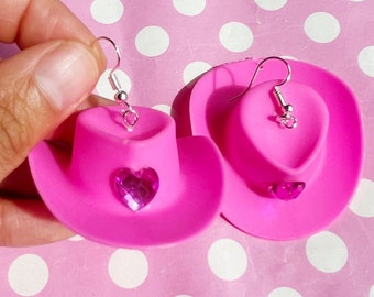 Pretty pink cowgirl hat earrings Hook stud or clip on in gold or silver