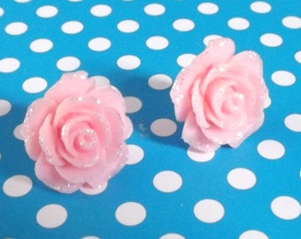 Pastel pink rose stud post or clip on earrings