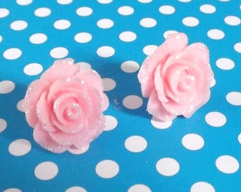 Pastel pink rose stud post or clip on earrings