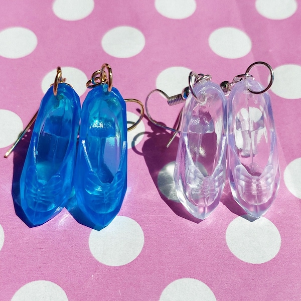 Glass slipper earrings in blue or clear hook stud or clip on