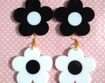 Flower power black and white double layered laser cut earrings hook or clip on