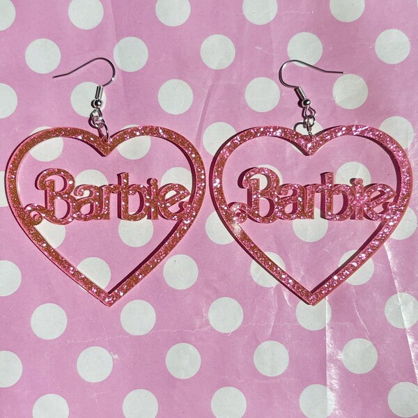 Glittery Doll large pink heart earrings hook stud or clip on gold or silver