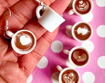 Cute Coffee cup earrings hook stud or clip on gold or silver