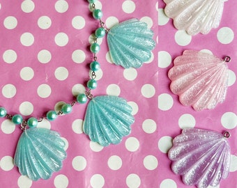 4 Colours Pretty pastel glitter seashell necklace pearl bead pink blue white or purple