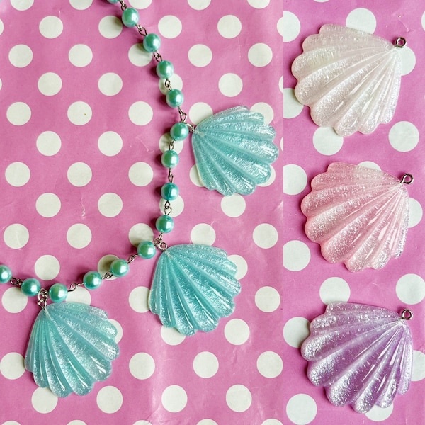 4 Colours Pretty pastel glitter seashell necklace pearl bead pink blue white or purple