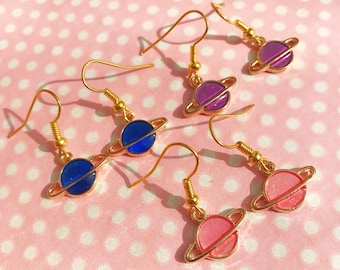 Pretty saturn metallic enamel earrings gold hook stud or clip on