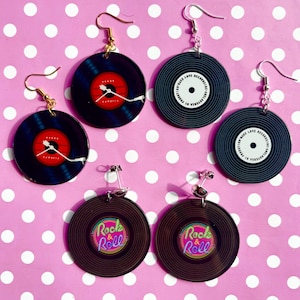 Retro vinyl record earrings hook stud or clip on in gold or silver