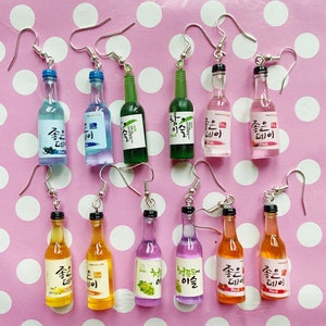 Korean drink bottle earrings hook stud or clip on pink green red yellow purple blue