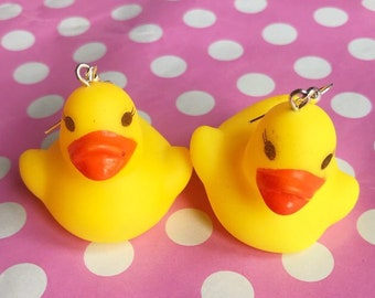 Cute yellow rubber duck earrings hook stud or clip on