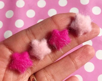 Cute fluffy pom pom star pink earrings stud or clip on