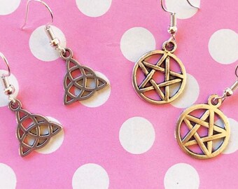 Pentagram or Triquetra earrings hook stud or clip on