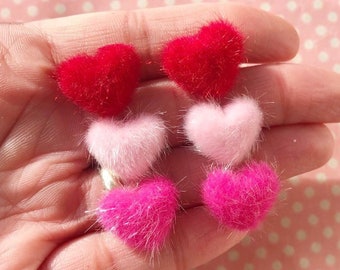 Cute fluffy heart pom pom earrings stud or clip on in red bright pink or pastel pink