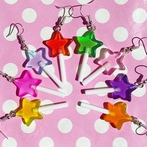 Kawaii star shaped lollipop earrings in red yellow pink purple orange green or blue hook stud or clip on