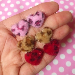 Cute leopard print fluffy heart pom pom earrings in brown red or pink stud or clip on