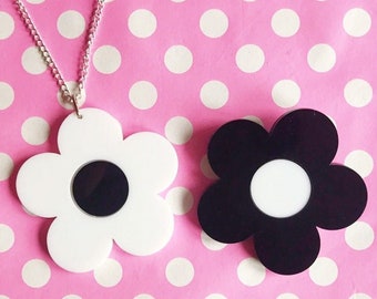 Flower power black and white double layered laser cut necklace or brooch