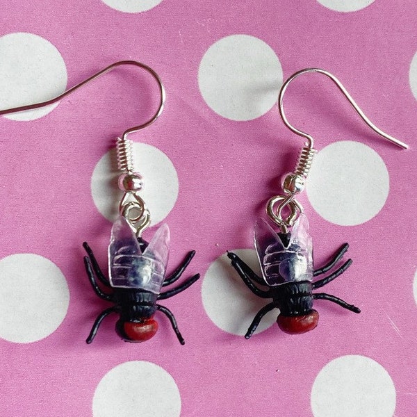 Creepy fly earrings hook stud or clip on