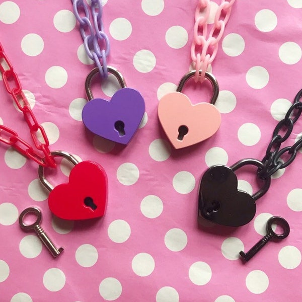Love heart lock chunky chain necklace in pastel pink black purple or red