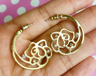 Vintage 90s gold rose hoop earrings with clear crystal detail