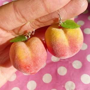 Large fuzzy peach earrings hook stud or clip on gold or silver