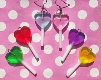 Kawaii heart shaped lollipop earrings in red yellow pink purple green or blue hook stud or clip on