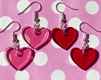 Pretty pastel pink or red heart earrings hooks stud or clip on gold or silver
