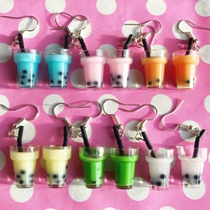 Kawaii bubble tea drink earrings hook stud or clip on