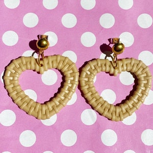 Wicker large heart earrings hook stud or clip on