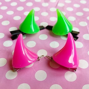 Cute mini resin devil horn hair clips in pink green purple and blue