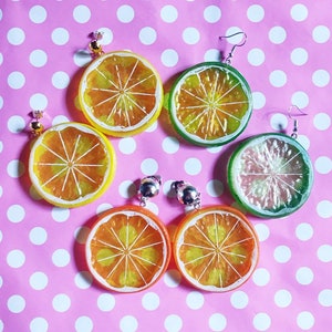 Giant lemon lime or orange fruit slice earrings hook stud or clip on